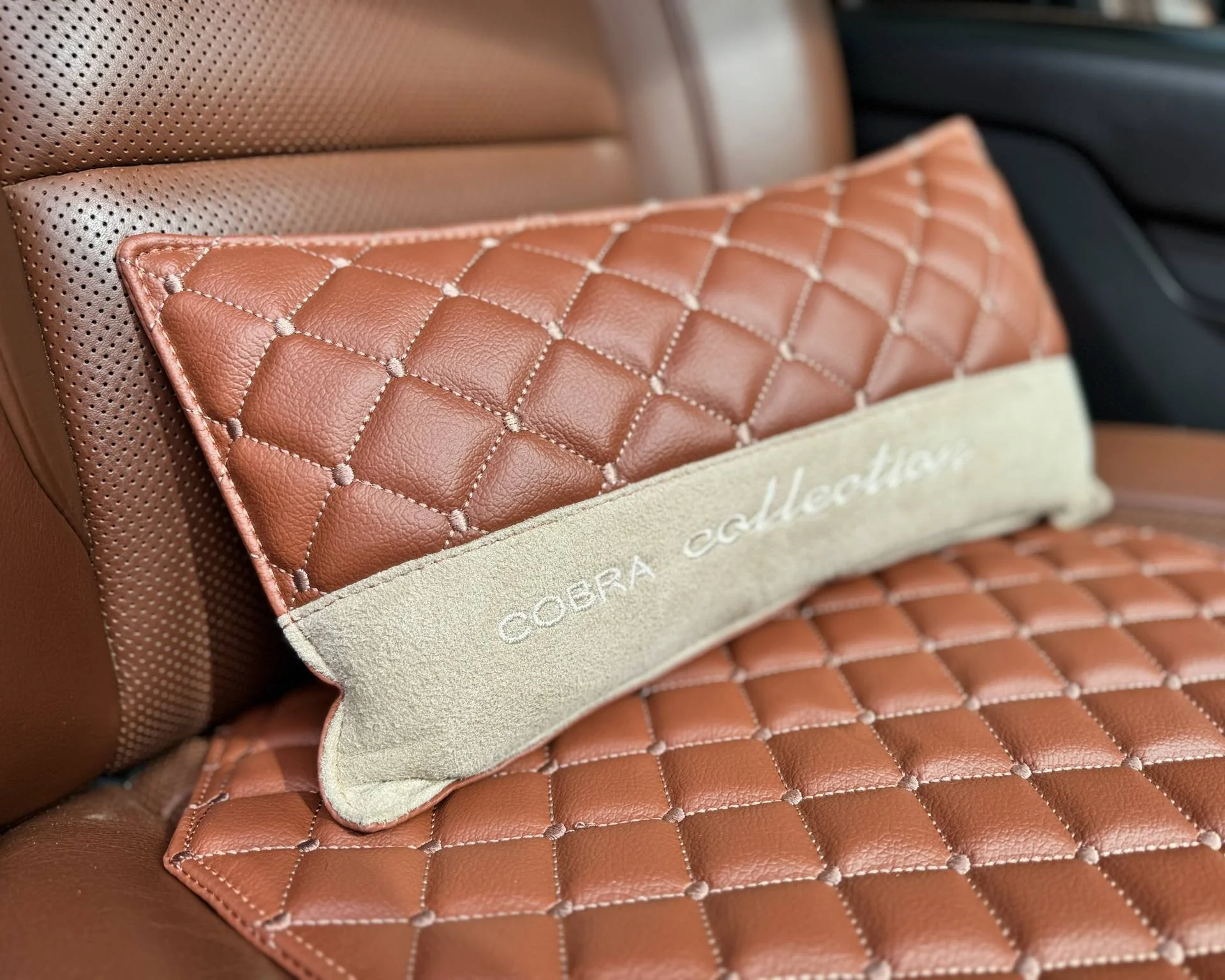 VIP Car Interior Set Brown With Cream Diamond Stitch Pillows - Image 11