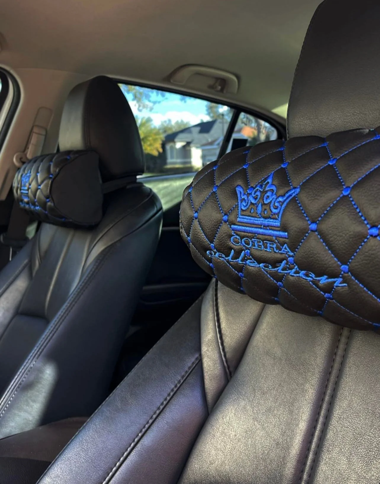 VIP Car Interior Set Black With Blue Diamond Stitch Pillows - Image 6