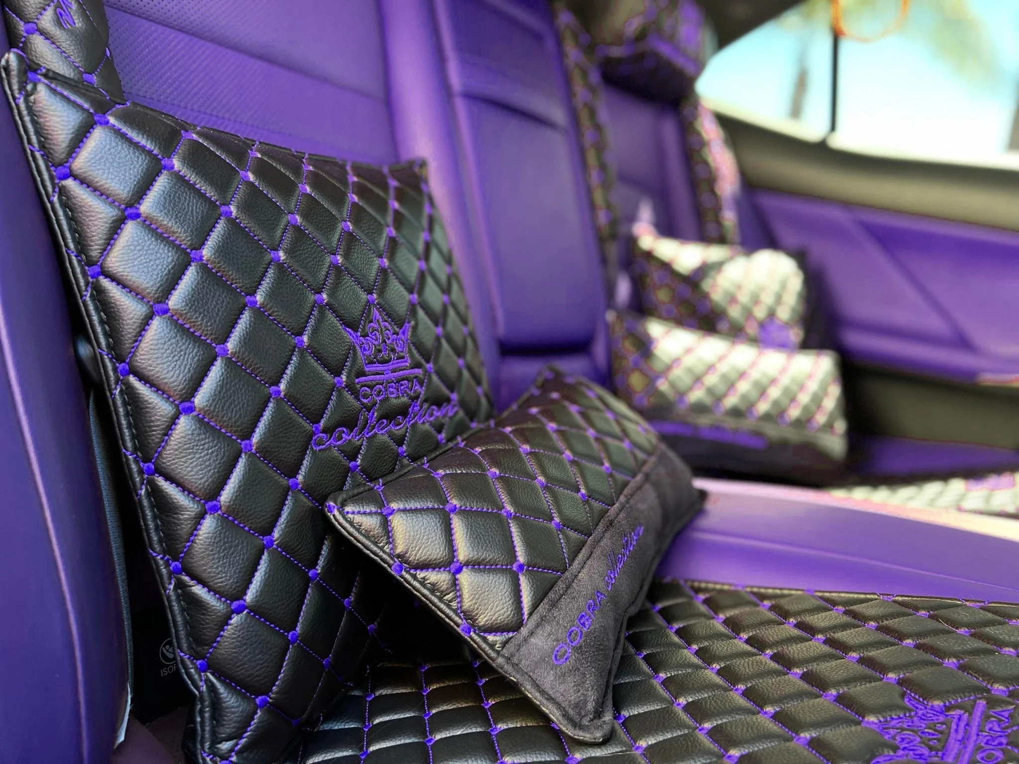 VIP Car Interior Set Black With Purple Diamond Stitch Pillows - Image 2