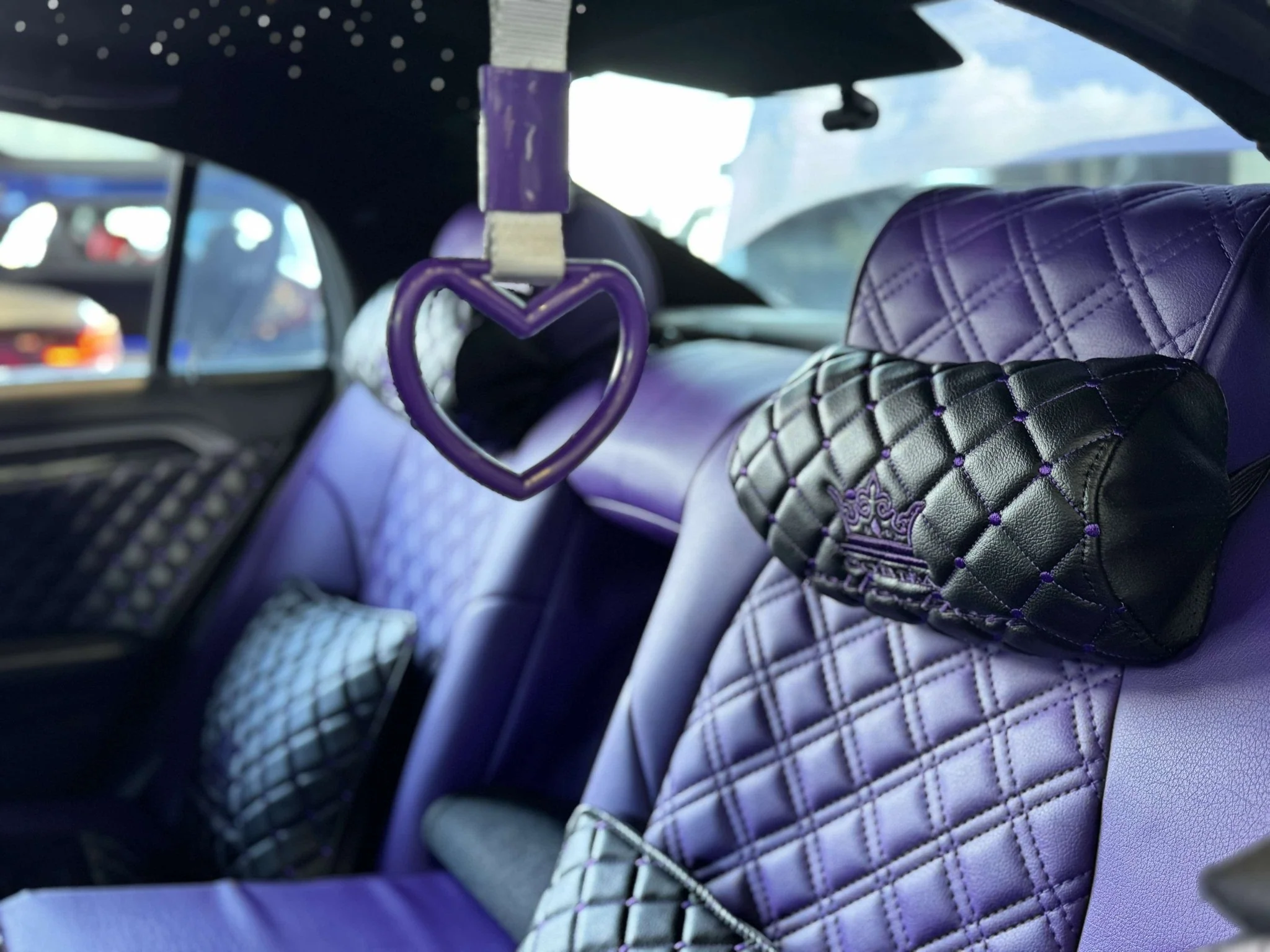 VIP Car Interior Set Black With Purple Diamond Stitch Pillows - Image 6